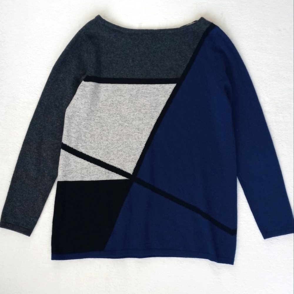 Charter Club Cashmere Royal Blue Heathered Greys Black Abstract Motif Sweater M